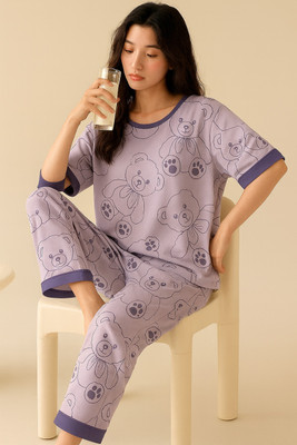 Vidhya Enterprise Kids Nightwear Girls Printed Polyester Blend(Purple Pack of 1)