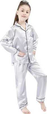 VC FASHION HUB Kids Nightwear Girls Self Design Pure Satin(Grey Pack of 1)