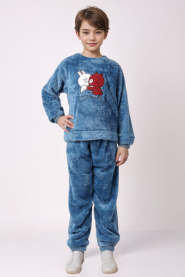Keenuu Kids Nightwear Boys & Girls Printed Fleece Blend(Blue Pack of 1)