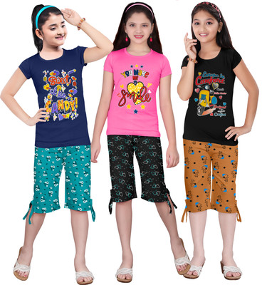 KS KOARA Girls Casual T-shirt Three Fourth Pant(123 MULTICOLOURRS)