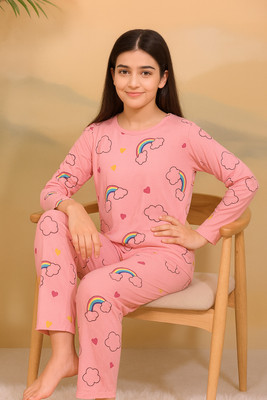 futureone Kids Nightwear Girls Printed Polyester Blend(Pink Pack of 1)