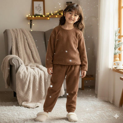 Keenuu Kids Nightwear Boys & Girls Solid Fleece Blend(Brown Pack of 1)