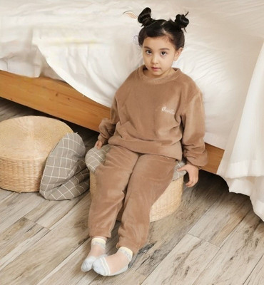Ucollection Kids Nightwear Girls Printed Fleece Blend(Brown Pack of 1)