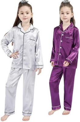 VDC CREATION Kids Nightwear Baby Boys & Baby Girls Self Design Pure Satin(Multicolor Pack of 2)