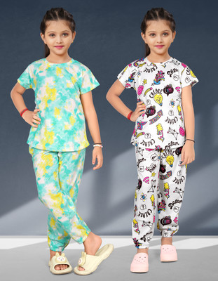 anikaenterprise Kids Nightwear Baby Girls Printed Cotton Blend(Multicolor Pack of 2)