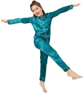 VC FASHION HUB Kids Nightwear Girls Solid Pure Satin(Dark Green Pack of 1)