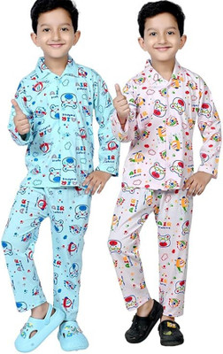Bornlov Kids Nightwear Boys & Girls Printed Cotton(Blue Pack of 2)