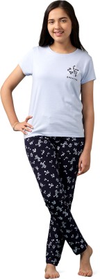 li'l tomatoes Kids Nightwear Girls Floral Print, Solid Cotton Blend(Dark Blue Pack of 1)