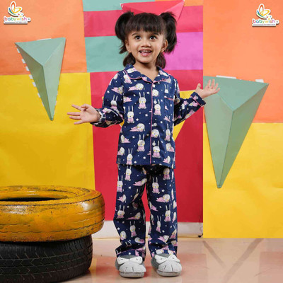 Babywish Kids Nightwear Boys & Girls Printed Cotton Blend(Blue Pack of 2)
