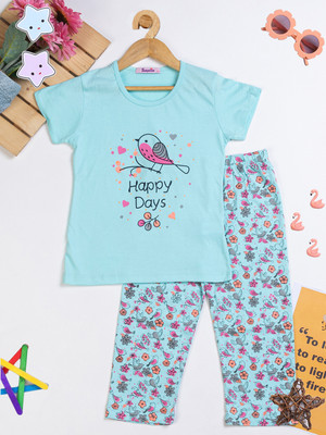 PAMPOLINA Kids Nightwear Girls Printed Cotton Blend(Light Blue Pack of 1)