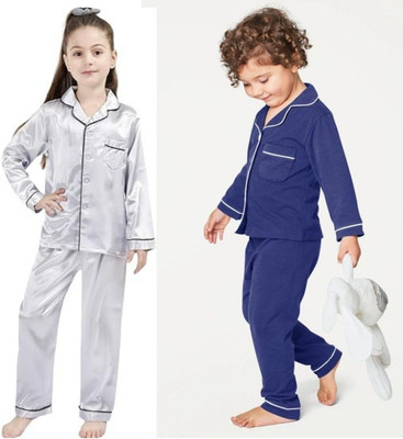 VCD FASHION TREND Kids Nightwear Baby Boys & Baby Girls Embellished Pure Satin(Multicolor Pack of 2)
