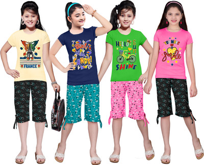 KP BROS Kids Nightwear Girls Printed Cotton(Multicolor Pack of 4)