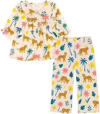 HuggleBug Kids Nightwear Girls Floral Print Cotton(Multicolor Pack of 1)