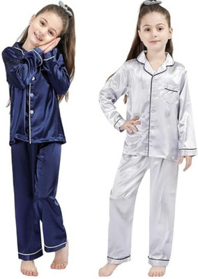 VDC FASHION HUB Kids Nightwear Baby Boys & Baby Girls Self Design Pure Satin(Multicolor Pack of 2)