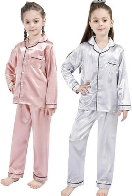 VDC CREATION Kids Nightwear Baby Boys & Baby Girls Solid Pure Satin(Multicolor Pack of 2)