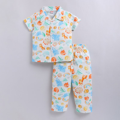 Snuggly Monkey Kids Nightwear Boys & Girls Printed Cotton(White Pack of 1)