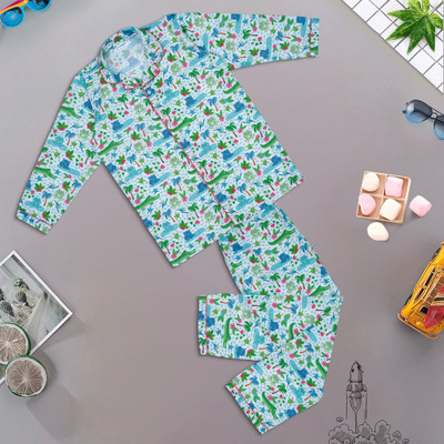 KiddieKid Kids Nightwear Boys & Girls Printed Cotton Blend(Blue Pack of 2)