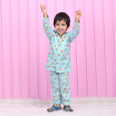 POLKA TOTS Kids Nightwear Baby Boys Printed Cotton(Blue Pack of 1)