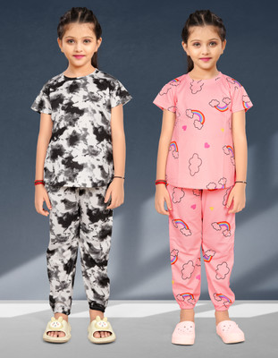 anikaenterprise Kids Nightwear Baby Girls Tie - Dye, Printed Cotton Blend(Multicolor Pack of 2)
