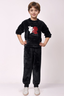 Keenuu Kids Nightwear Boys & Girls Printed Fleece Blend(Black Pack of 1)