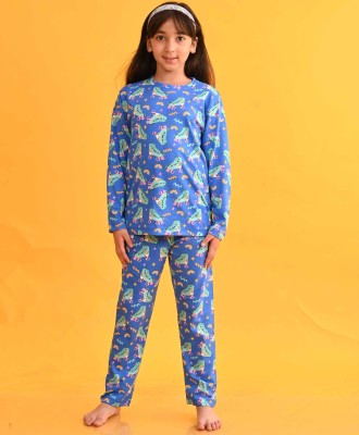 anthrilo Kids Nightwear Girls Printed Cotton Blend(Blue Pack of 1)