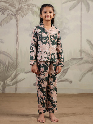 Sanskrutihomes Girls Printed Green Night Suit Set