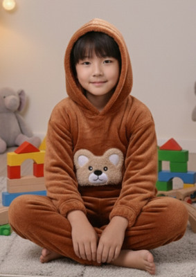 Keenuu Kids Nightwear Boys & Girls Printed Fleece Blend(Brown Pack of 1)