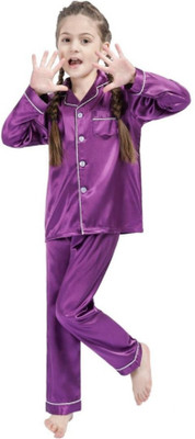 VC FASHION HUB Kids Nightwear Girls Solid Pure Satin(Purple Pack of 1)