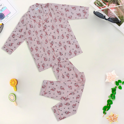 KiddieKid Kids Nightwear Boys & Girls Animal Print Cotton Blend(Pink Pack of 2)