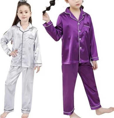 VDC FASHION HUB Kids Nightwear Baby Boys & Baby Girls Solid Pure Satin(Multicolor Pack of 2)