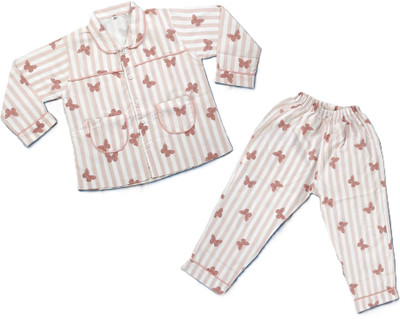 Minimates Kids Nightwear Baby Boys & Baby Girls Printed, Striped Cotton(Brown Pack of 1)
