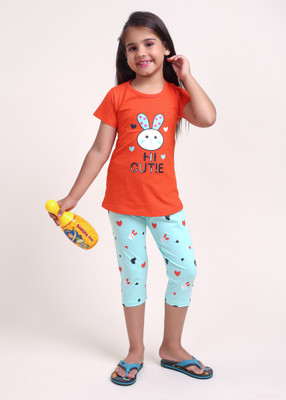 Colourspop Kids Nightwear Baby Girls Printed Cotton(Orange Pack of 1)