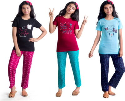 SVD Fashion Kids Nightwear Girls Printed Cotton(Multicolor Pack of 3)