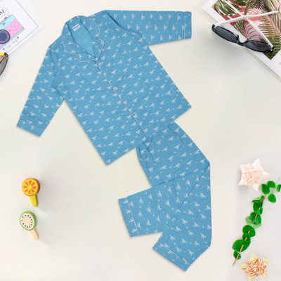KiddieKid Kids Nightwear Boys & Girls Animal Print Cotton Blend(Blue Pack of 2)