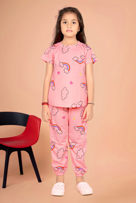 Amreliya Style Kids Nightwear Girls Printed Cotton Blend(Pink Pack of 1)