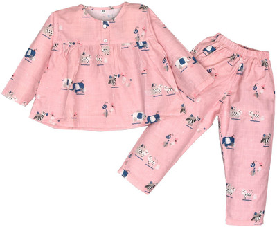 CERABI APPARELS PVT LTD Kids Nightwear Girls Printed Polycotton(Pink Pack of 1)