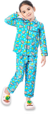 tiny hugs Kids Nightwear Girls Printed Cotton(Blue Pack of 1)