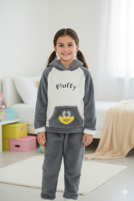 Uttam Kids Nightwear Girls Printed Fleece Blend(Grey Pack of 1)