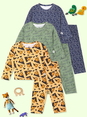 The Mom Store Kids Nightwear Boys & Girls Printed Cotton(Multicolor Pack of 3)