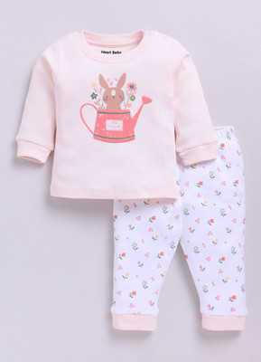 Smart Baby Baby Boys & Baby Girls Casual T-shirt Pyjama(Pink & White)