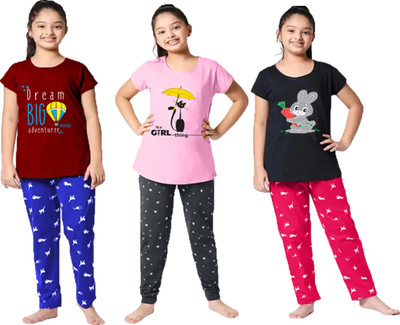 HEYDALS Kids Nightwear Girls Printed Cotton Blend(Multicolor Pack of 3)