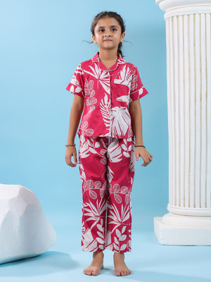 Sanskrutihomes Girls Printed Pink Night Suit Set