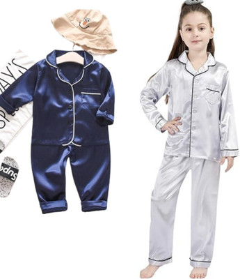VDC FASHION HUB Kids Nightwear Baby Boys & Baby Girls Solid Pure Satin(Multicolor Pack of 2)