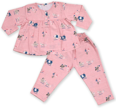 Minimates Kids Nightwear Baby Girls Printed Cotton(Pink Pack of 1)