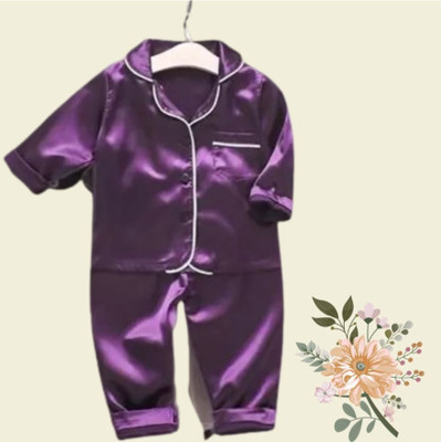 VC FASHION HUB Kids Nightwear Girls Solid Pure Satin(Purple Pack of 1)