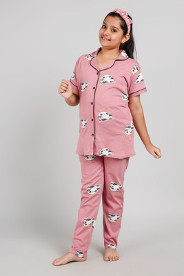 Bloem Kids Nightwear Girls Printed Cotton(Pink Pack of 1)