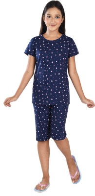 Clothe Funn Kids Nightwear Girls Printed Cotton(Blue Pack of 1)