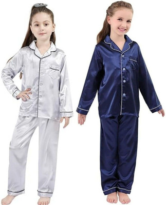 Vdc Creation Hub Kids Nightwear Baby Boys & Baby Girls Solid Pure Satin(Multicolor Pack of 2)