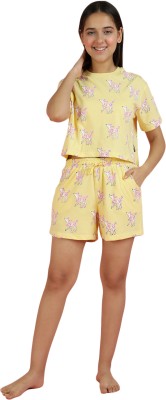 li'l tomatoes Kids Nightwear Girls Printed Cotton Blend(Yellow Pack of 1)