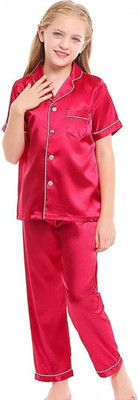 VCD FASHION TREND Kids Nightwear Boys & Girls Solid Pure Satin(Maroon Pack of 1)